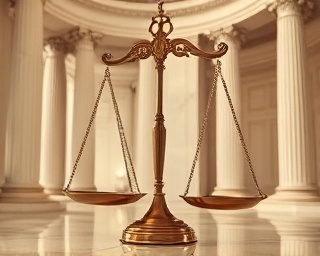 scales of justice, perfectly balanced, photorealistic, elegant marble courtroom with columns, highly detailed, subtle motion blur from swinging chains, golden hues, ambient lighting, shot with a macro lens