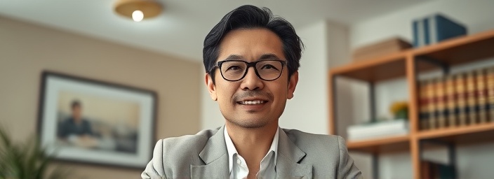 supportive divorce lawyer, understanding expression, providing legal advice, photorealistic, welcoming office with soft decor, highly detailed, legal books on the shelf, clear and vivid, warm beige tones, overhead lighting, shot with a 55mm lens