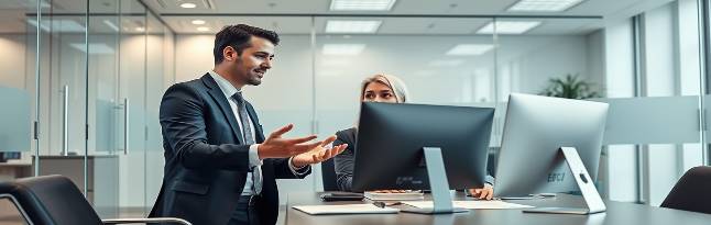 modern attorney office, attorney giving legal consultation, offering legal solutions, photorealistic, contemporary office with glass partitions and minimalist design, highly detailed, computer and legal documents on the table, Nikon 35mm f/1.8G lens, neutral colors, soft overhead lighting
