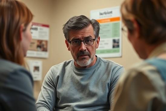 Worried dental debt patient, anxious expression, discussing payment options, photorealistic, dental office waiting room, highly detailed, background with magazines and informational posters, crisp detail, warm beige and neutral colors, soft ambient lighting, shot with a 28mm lens.