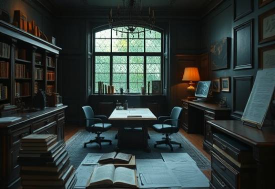 comprehensive estate dentist, meticulous, drafting plans, photorealistic, sophisticated office with dark wood furniture, highly detailed, old books and notes scattered, rich hues, moody lighting, shot with an 85mm lens