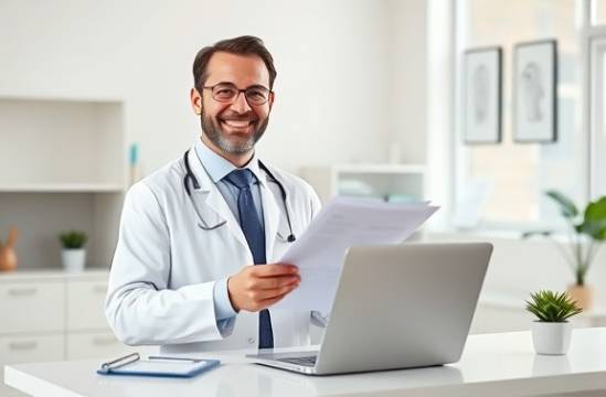 organized wealth dentist, pleased, holding charts, photorealistic, minimalist office with clean white walls, highly detailed, tidy desk with a laptop, pastel colors, bright natural light, shot with a 50mm lens