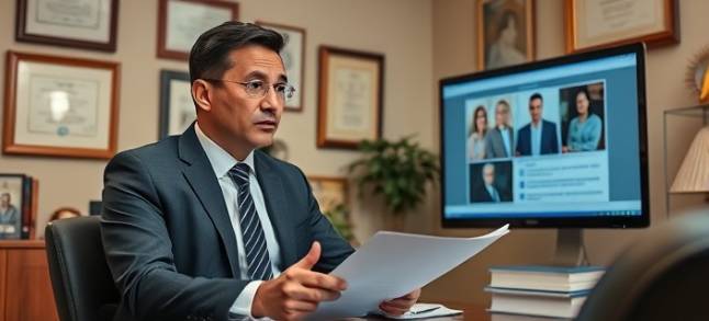 professional trusts lawyer, calm demeanor, explaining estate plans, photorealistic, tastefully decorated office with diplomas, highly detailed, client presentation on screen, 4k resolution, muted beige, indoor lighting, shot with a 50mm lens