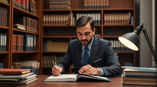 meticulous debt attorney, involved look, organizing case files, photorealistic, cozy office with wooden shelves, highly detailed, legal books and folders, 4k resolution, rich brown, soft desk lamp light, shot with a 85mm lens