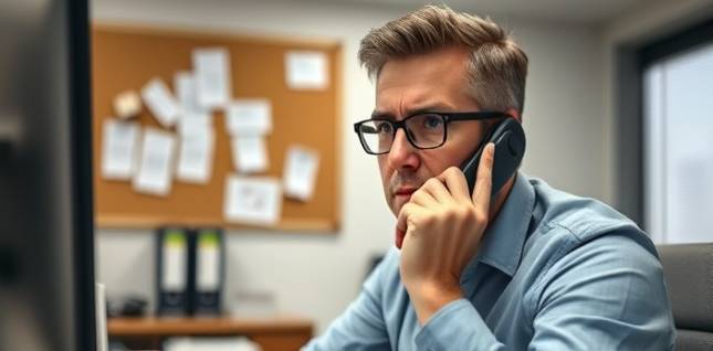 dedicated debt collection specialist, determined expression, making a phone call, photorealistic, tidy office with corkboard and files, highly detailed, documents and computer screen, 4k resolution, neutral tones, fluorescent lighting, shot with a 50mm lens