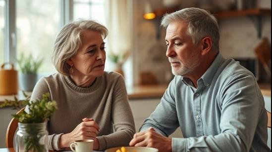 middle aged couple sitting at the kitchen table discussing finances, stressed demeanor
