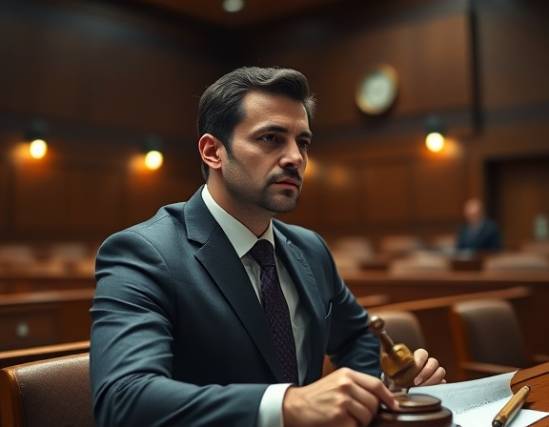 focused debt attorney, professional attitude, attending a court hearing, photorealistic, courtroom setting with wooden benches, highly detailed, gavel and court documents, 4k resolution, dark neutral tones, overhead courtroom lighting, shot with a 85mm lens