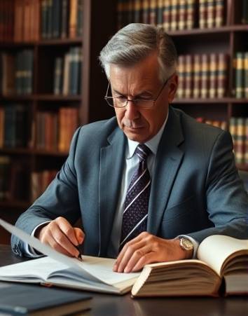 Focused estate planning attorney, attentive expression, drafting legal documents, photorealistic, cozy office with bookshelves, highly detailed, legal books open, 4K resolution, earthy colors, directional lighting, shot with an 85mm lens