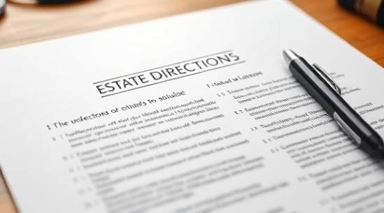Detailed legal document, formal tone, outlining estate directives, photorealistic, spread out on a well-lit desk with a pen, highly detailed, fine print visible, 4K resolution, crisp white paper, balanced lighting, shot with a macro lens