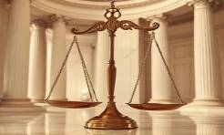 scales of justice, perfectly balanced, photorealistic, elegant marble courtroom with columns, highly detailed, subtle motion blur from swinging chains, golden hues, ambient lighting, shot with a macro lens