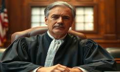 judicial figure representing justice, serene expression, raising a gavel, photorealistic, courtroom with wood paneling and law books, highly detailed, audience blurred in the background, rich mahogany color, soft sunlight filtering through windows, shot with a prime lens