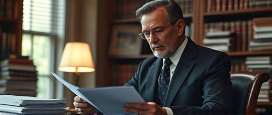 experienced lawyer, calm demeanor, examining documents, photorealistic, office filled with stacks of case files and leather-bound books, highly detailed, slight lens flare from desk lamp, warm neutral tones, diffused lighting, shot with an 85mm lens