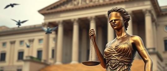 symbol of justice, blindfolded statue with scales, photorealistic, placed in front of a grand courthouse with steps and pillars, highly detailed, pigeons flying in the background, bronze color, overcast skies, shot with a zoom lens