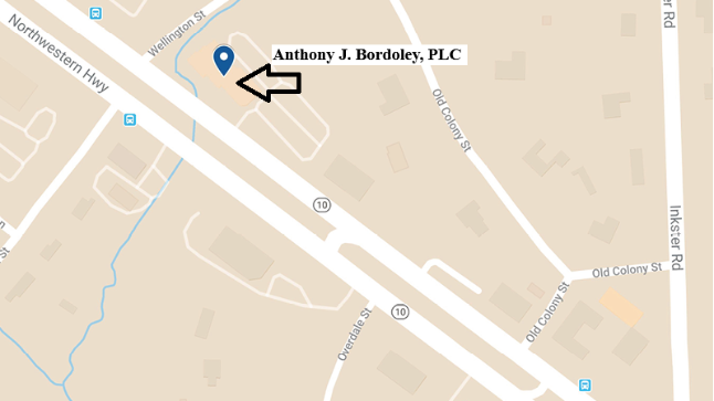 Map showing Anthony Bordoley's office on Northwestern Hwy in Farmington Hills MI